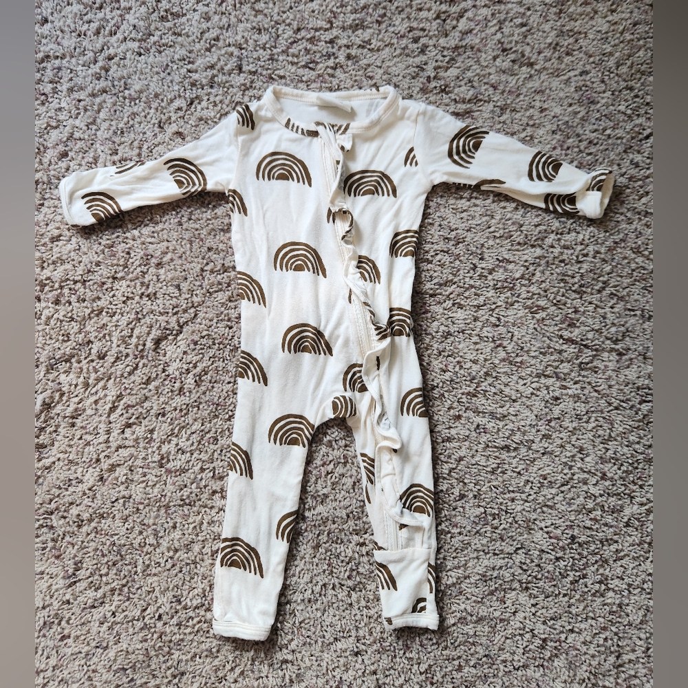 Spearmint Love Bamboo Zippered Ruffled Romper Brown Rainbow 3-6 Months